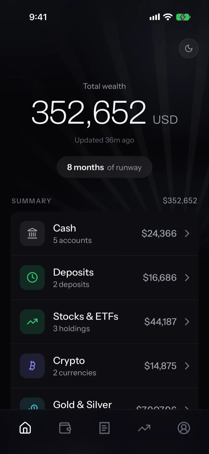 Loam home screen showing total wealth, runway and a summary of cash, deposits, stocks and crypto