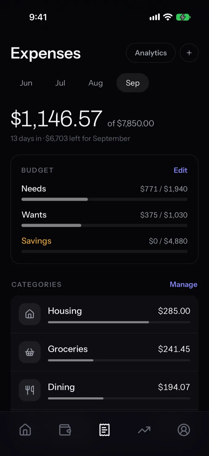 Expenses screen with budget and categories