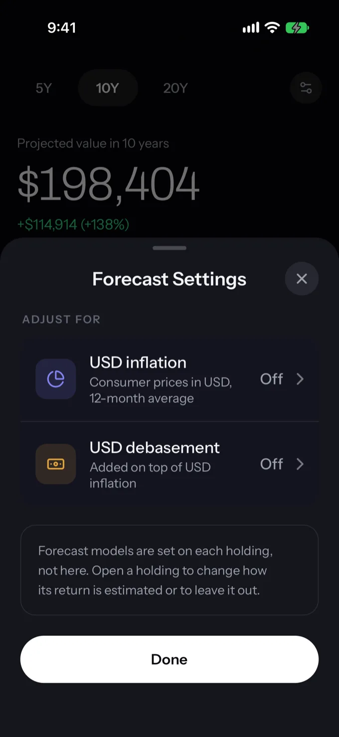 Forecast settings sheet with inflation and debasement